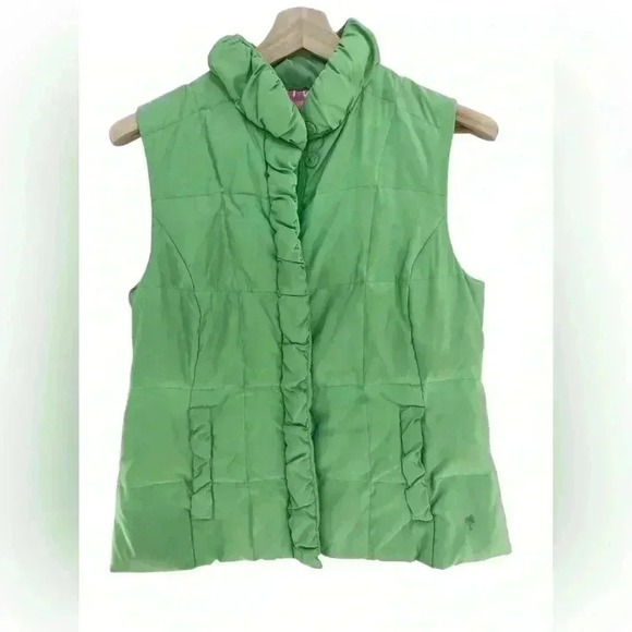 Lilly Pulitzer Lime Green Pink Animal Print Lining Puffer Vest Size Large - Picture 1 of 9